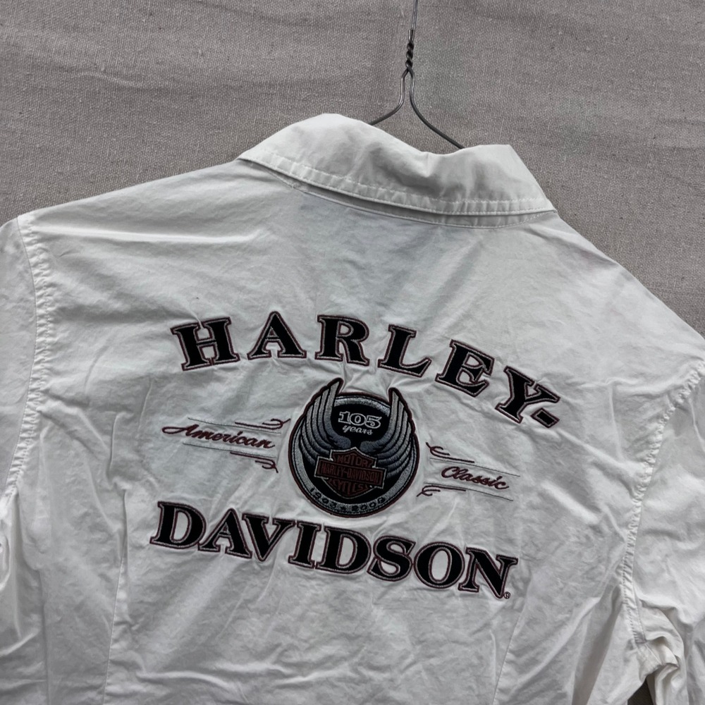 Harley Davidson Button Up Shirt Women Medium White 105th Anniversary Embroidered